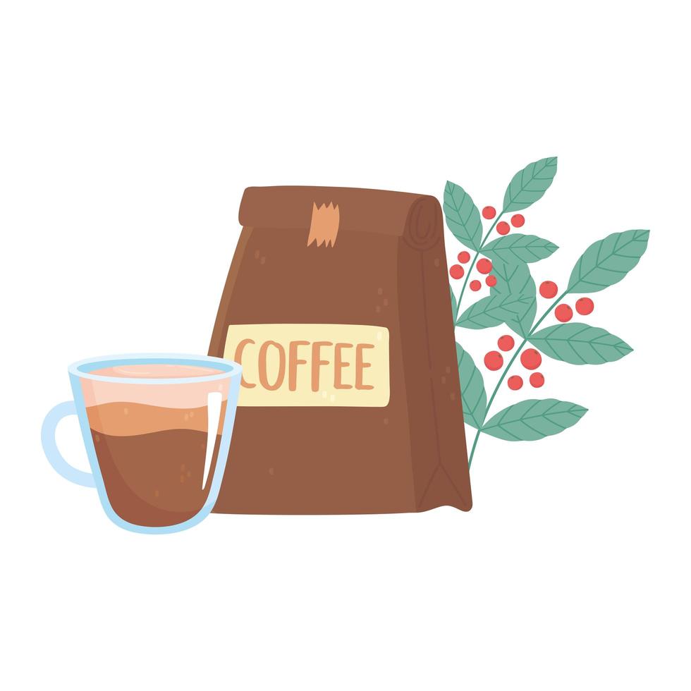 international day of coffee, package cup and branches with seeds vector