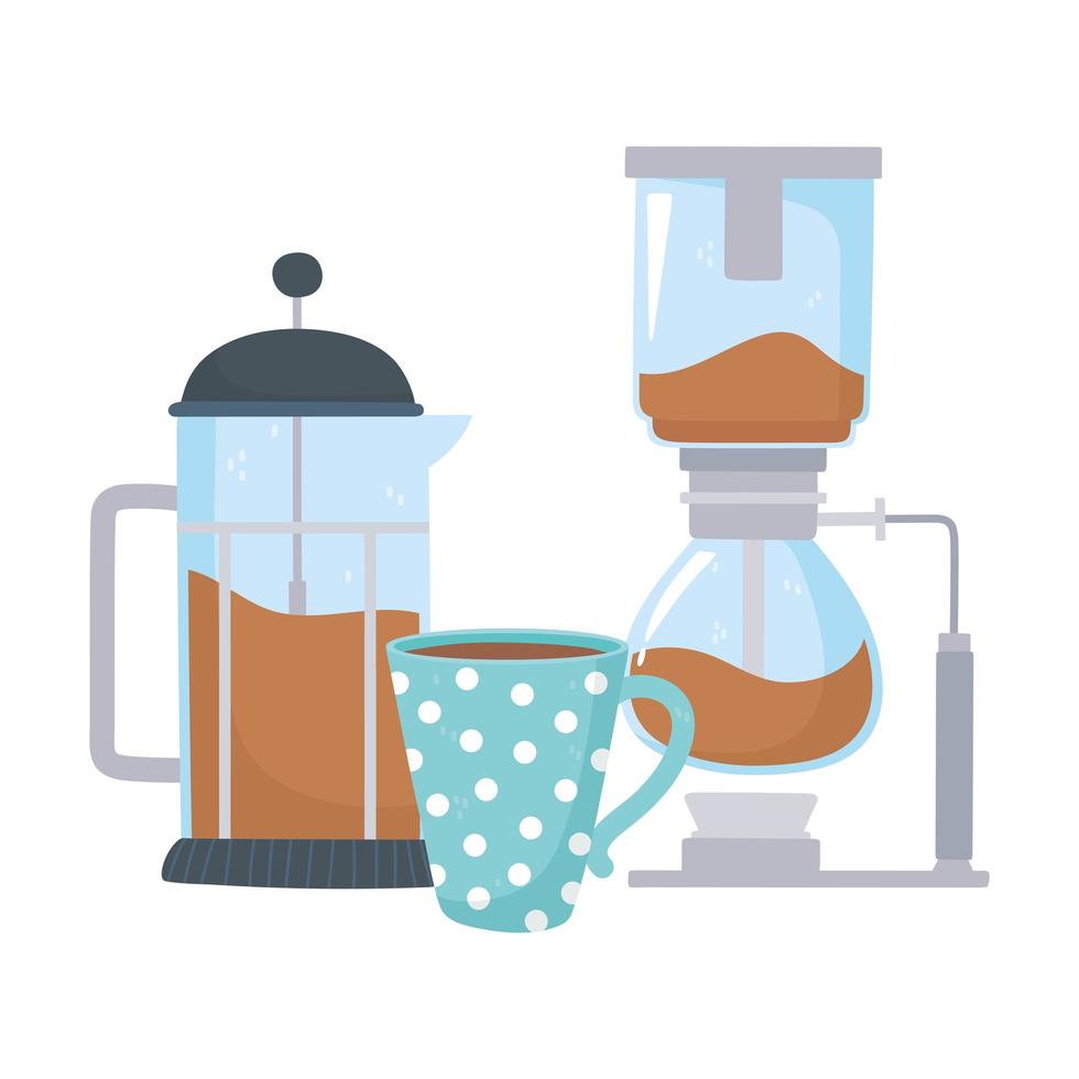 coffee brewing methods, syphon french press and coffee cup vector