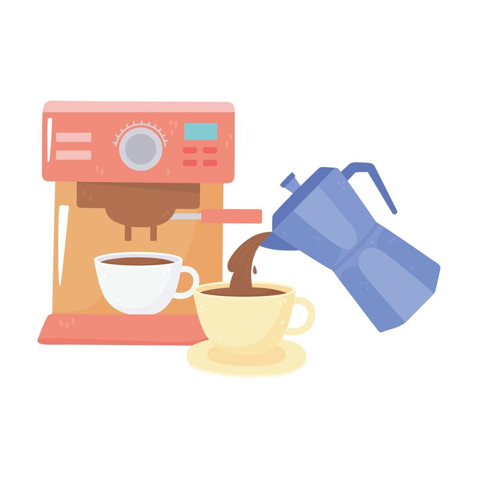 international day of coffee, machine cup and kettle pouring beverage vector