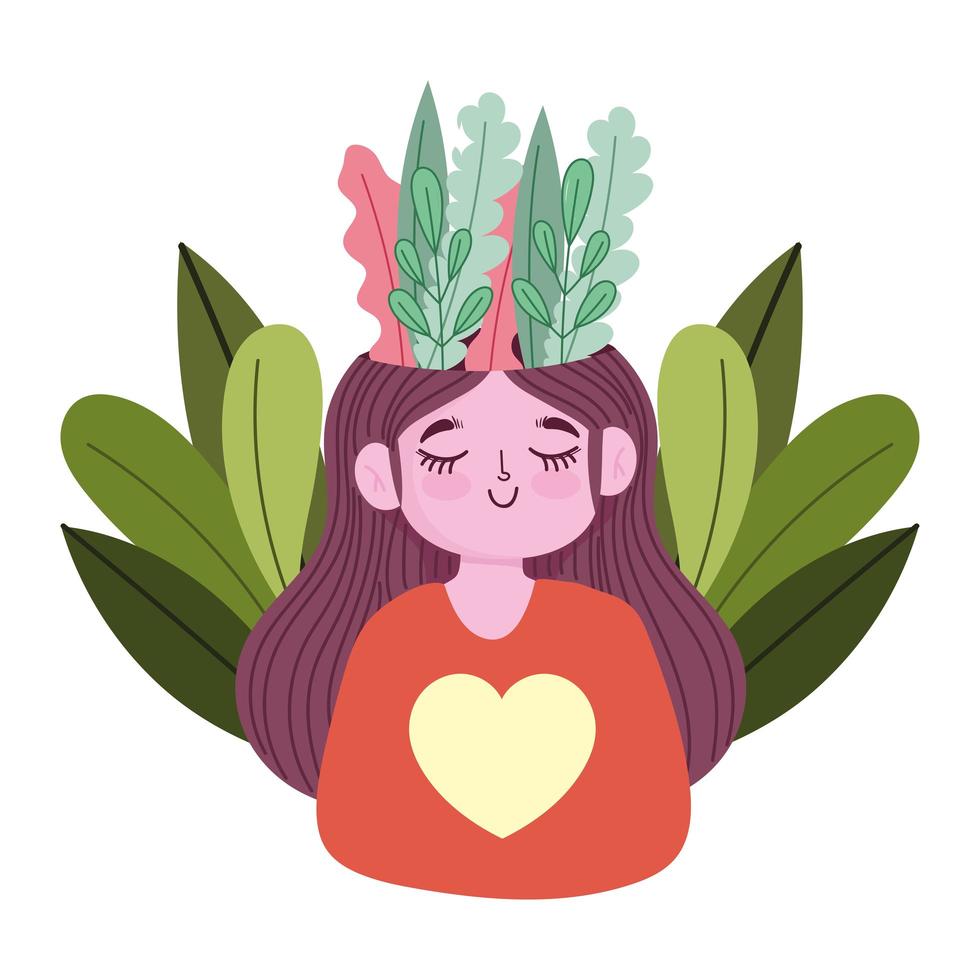 world mental health day, happy girl with foliage nature in head vector