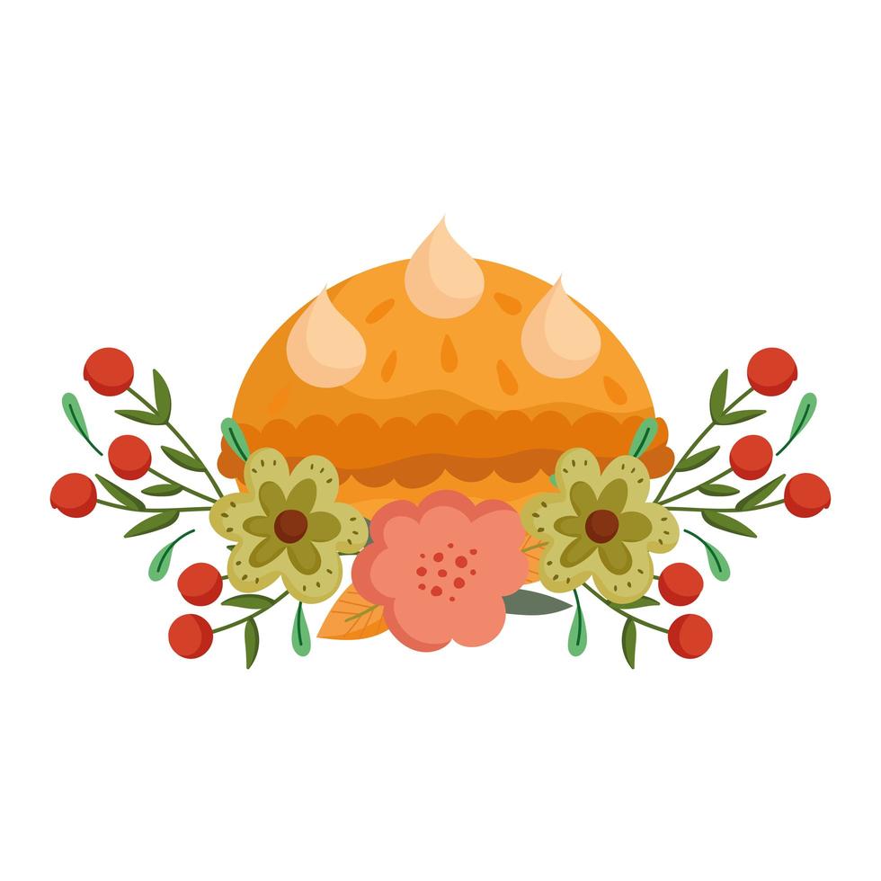 feliz día de acción de gracias, flores de pastel de calabaza y celebración de follaje vector