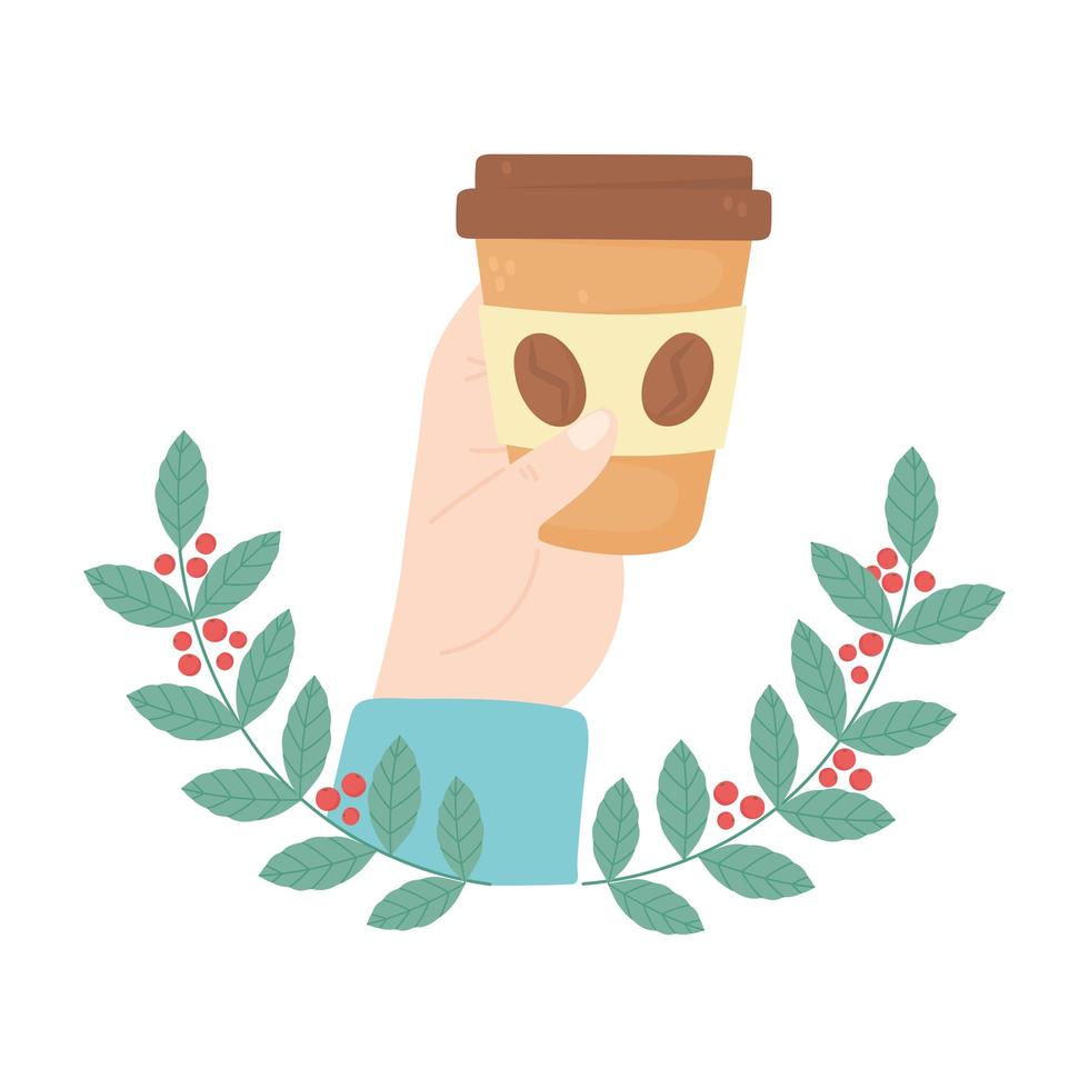 international day of coffee, hand holding disposable cup branches seeds emblem vector