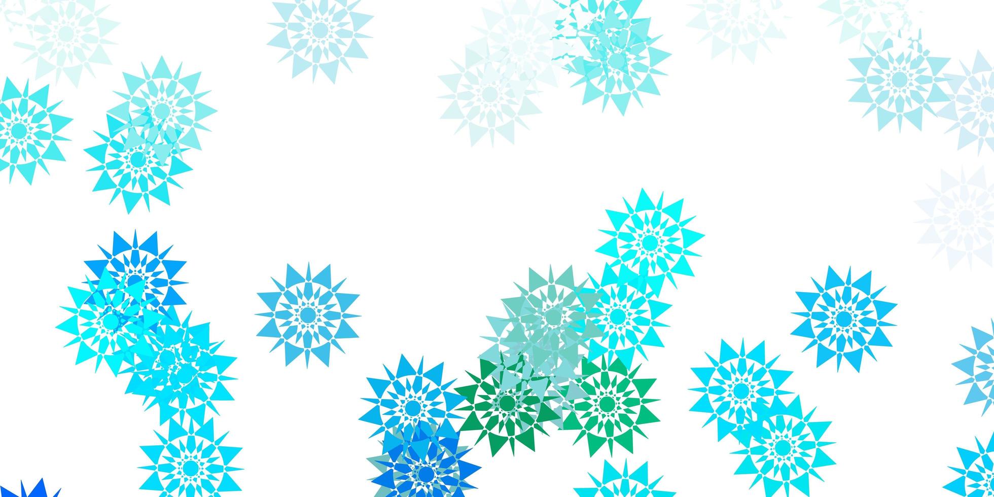 textura de vector azul claro, verde con copos de nieve brillantes.