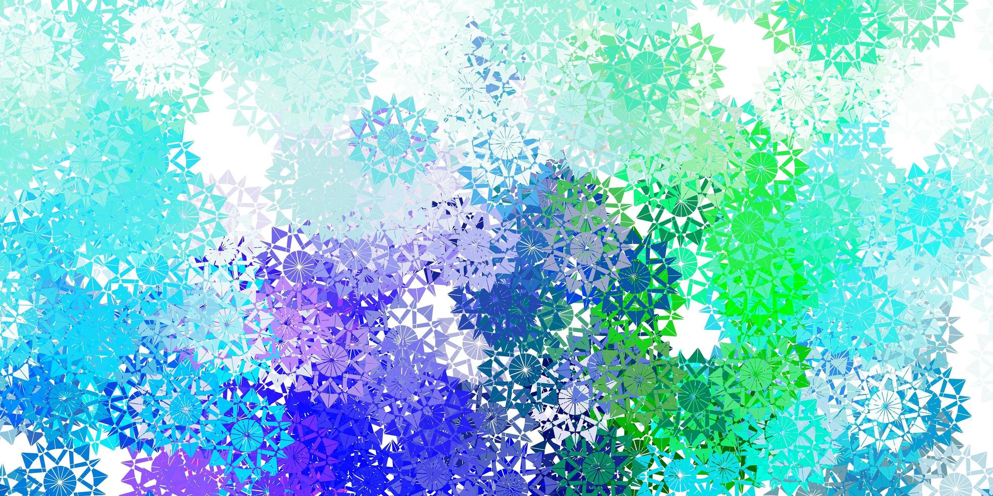 textura de vector azul claro, verde con copos de nieve brillantes.