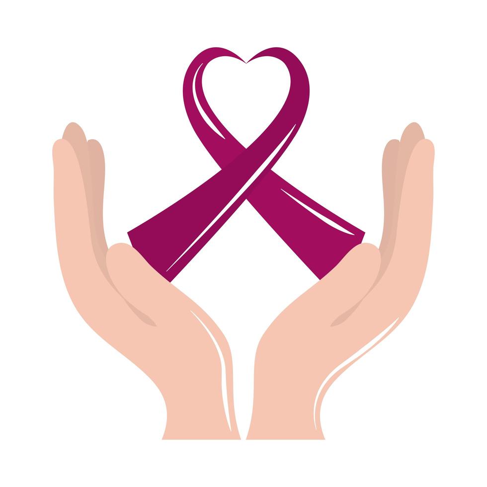 breast cancer awareness month, hands with ribbon shaped heart support, healthcare concept flat icon style vector