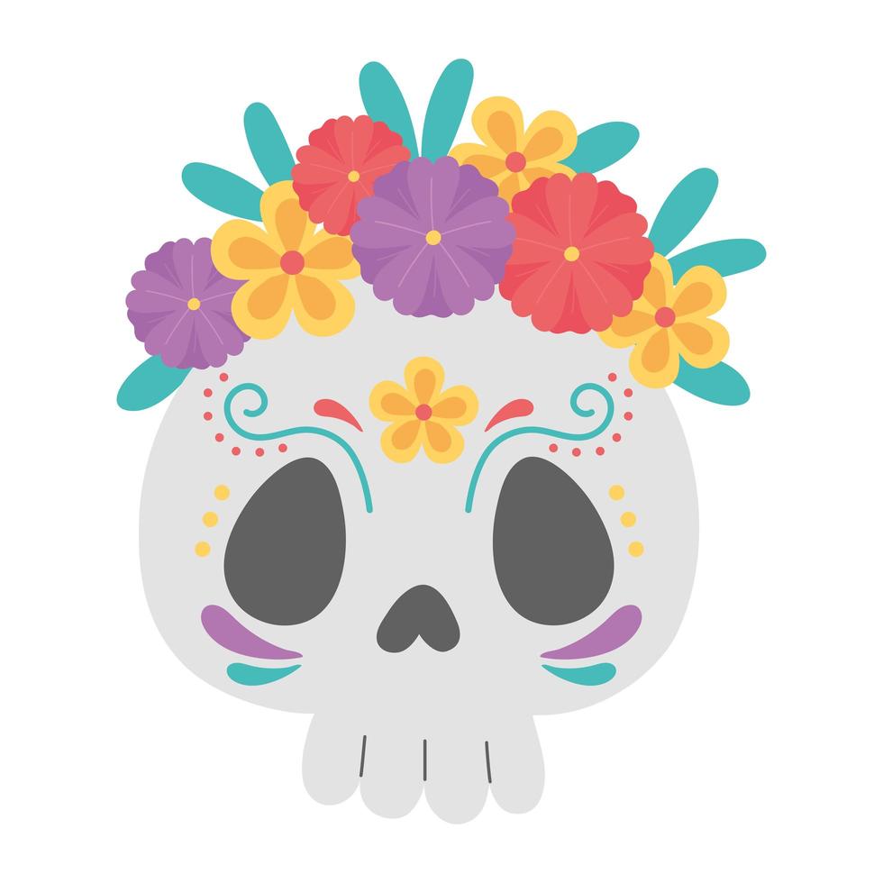 día de muertos, calavera de azúcar catrina con flores celebración mexicana vector