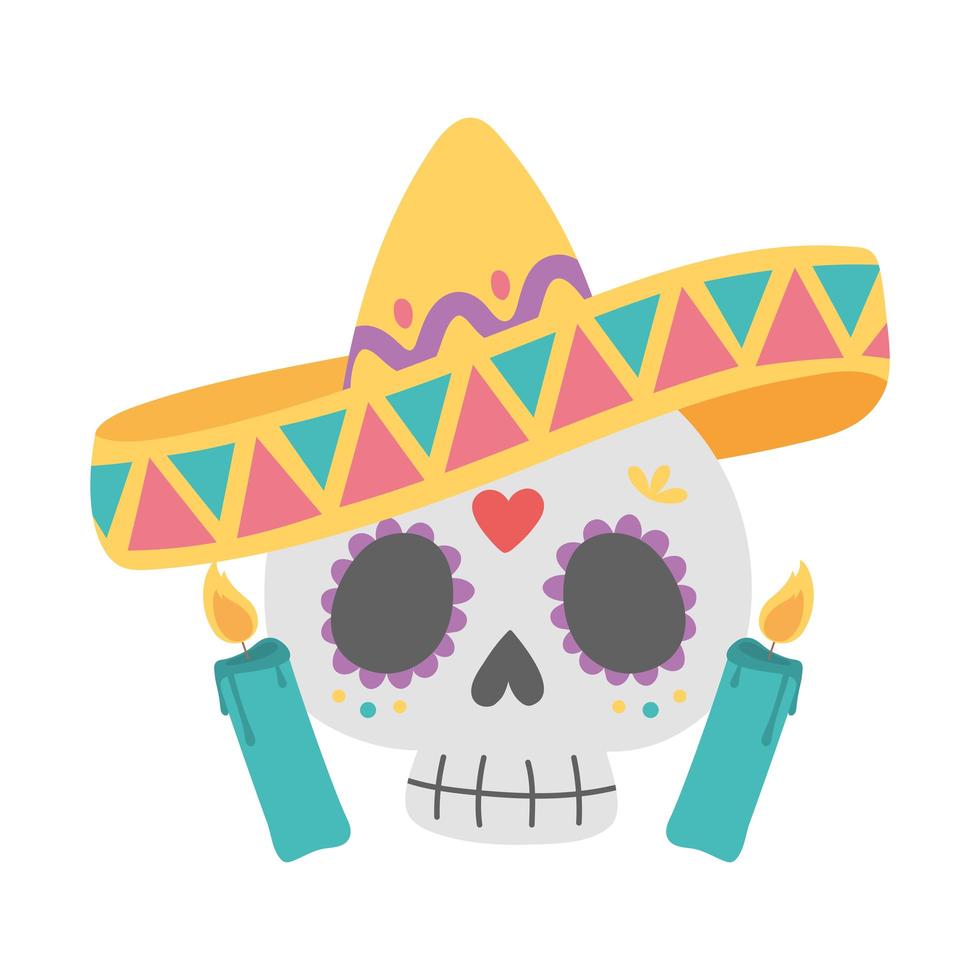 día de muertos, calavera con sombrero y velas celebración mexicana vector