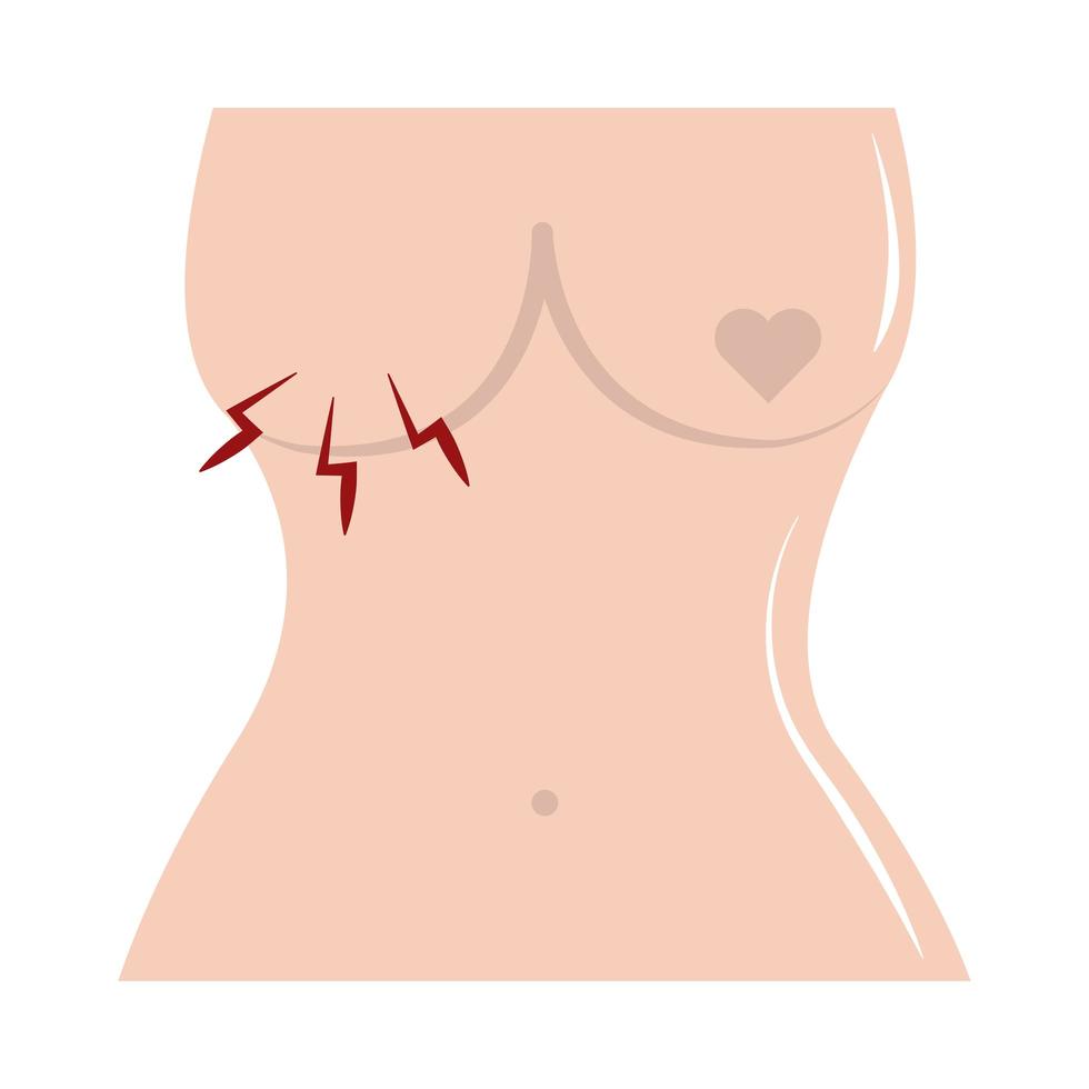 mes de concientización sobre el cáncer de mama, corazón del cuerpo femenino en el pezón, estilo de icono plano del concepto de atención médica vector