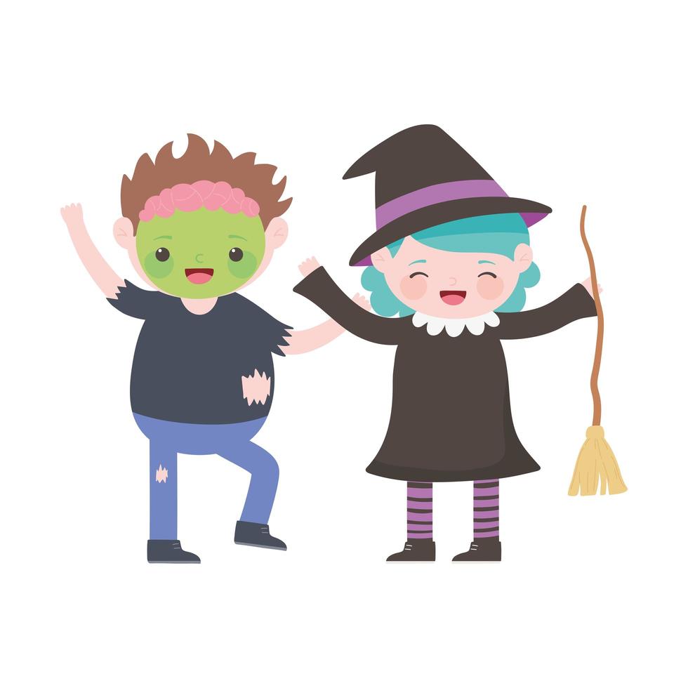 feliz halloween, niños con dibujos animados de disfraces de zombies y brujas vector