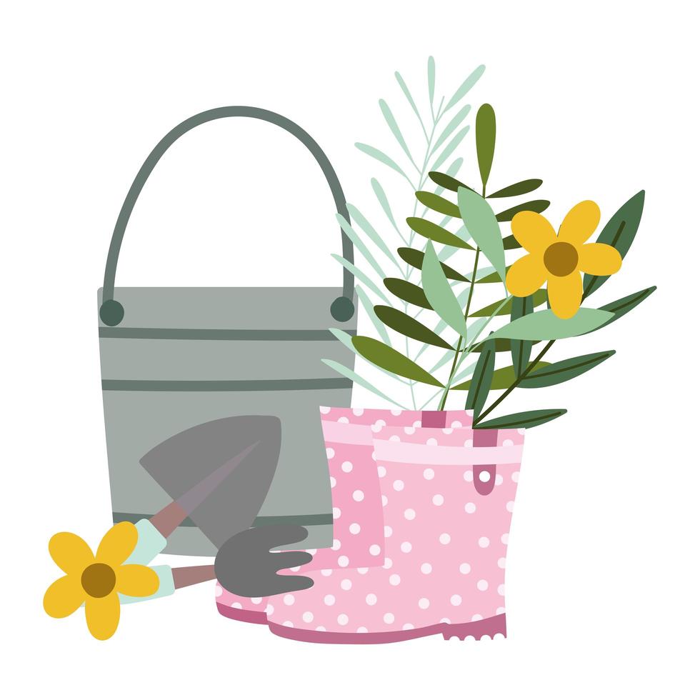 happy garden, boots bucket rake shovel and flowers vector