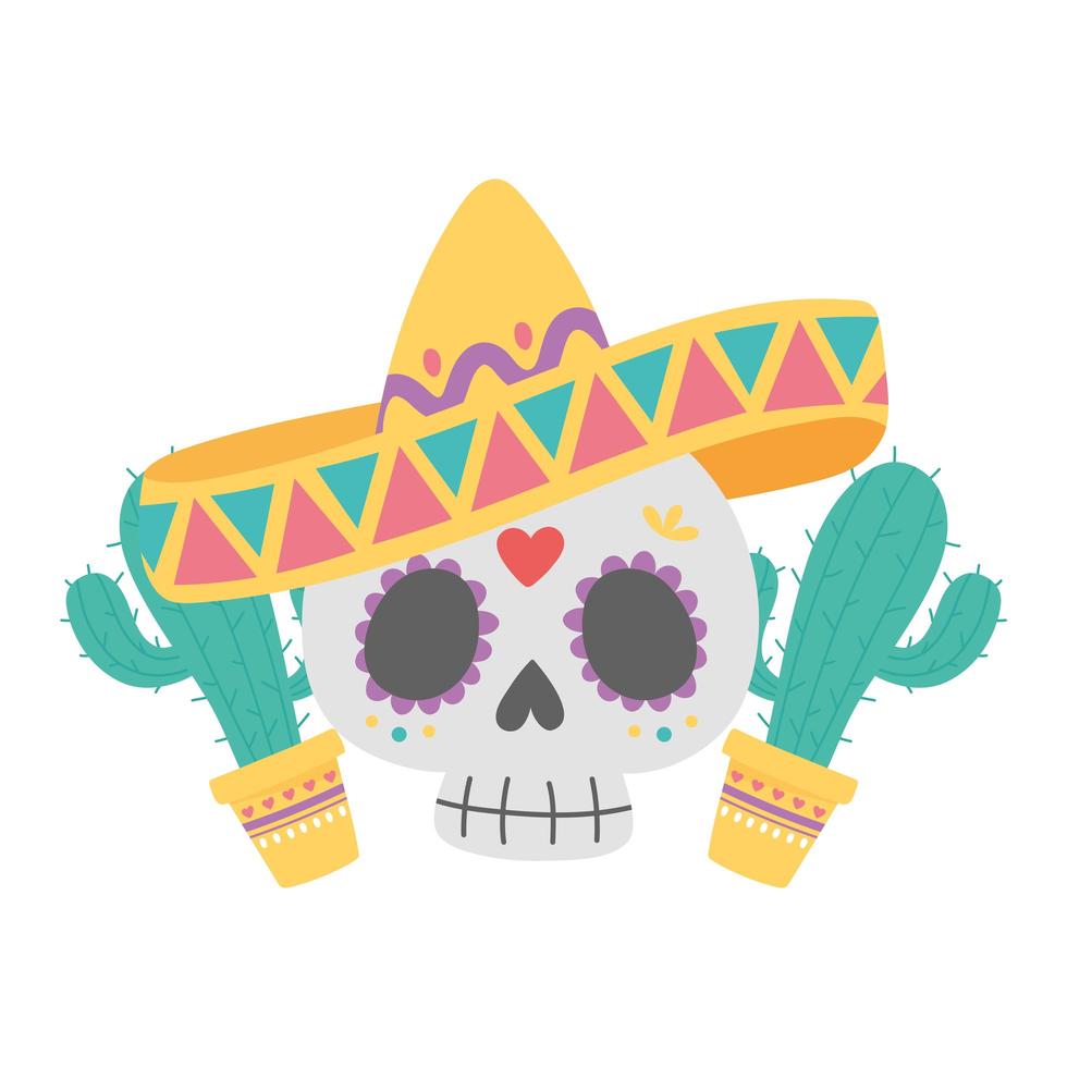 day of the dead, skull with hat and potted cactus mexican celebration vector