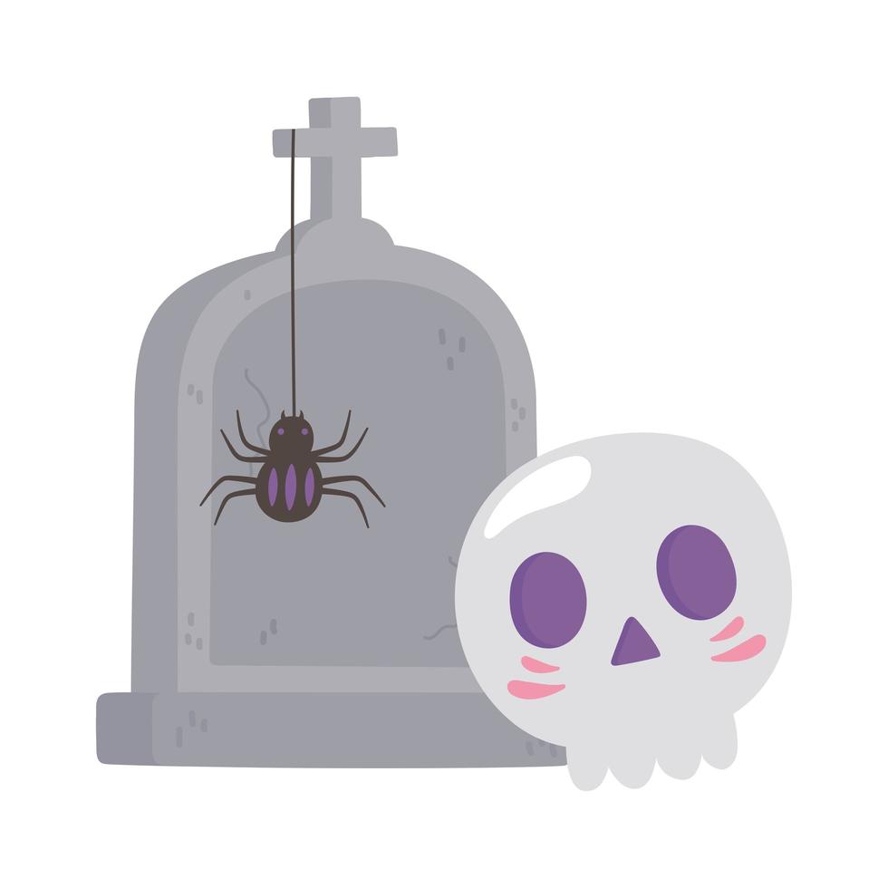 happy halloween skull spider and tombstone vector