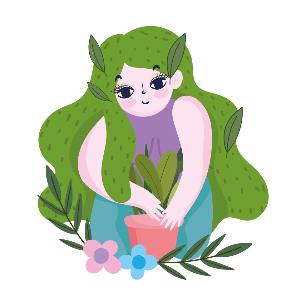 happy garden, girl planting plant in pot flowers foliage vector