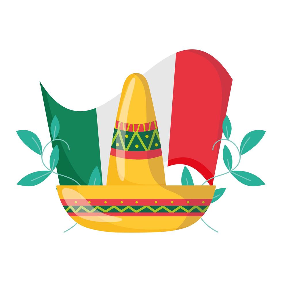 mexican independence day, hat and flag floral decoration, celebrated in september vector