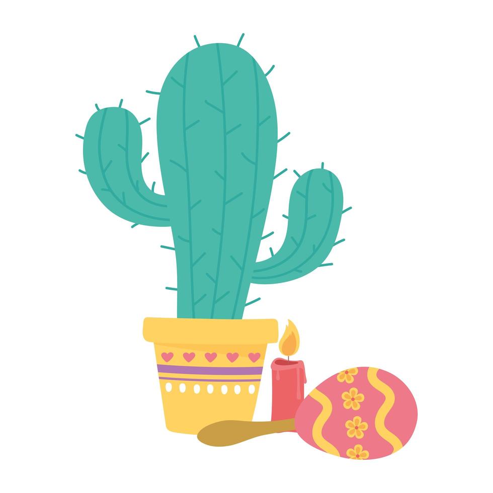 día de muertos, vela de cactus en maceta y celebración mexicana maraca. vector