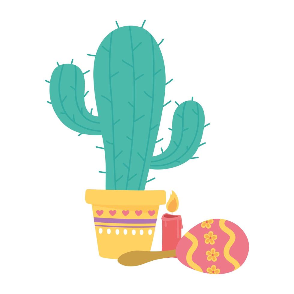 day of the dead, potted cactus candle and maraca mexican celebration vector