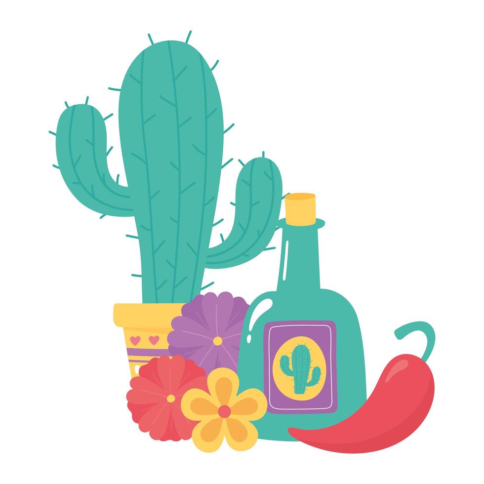 día de los muertos, cactus en macetas, tequila, ají y flores, celebración mexicana vector