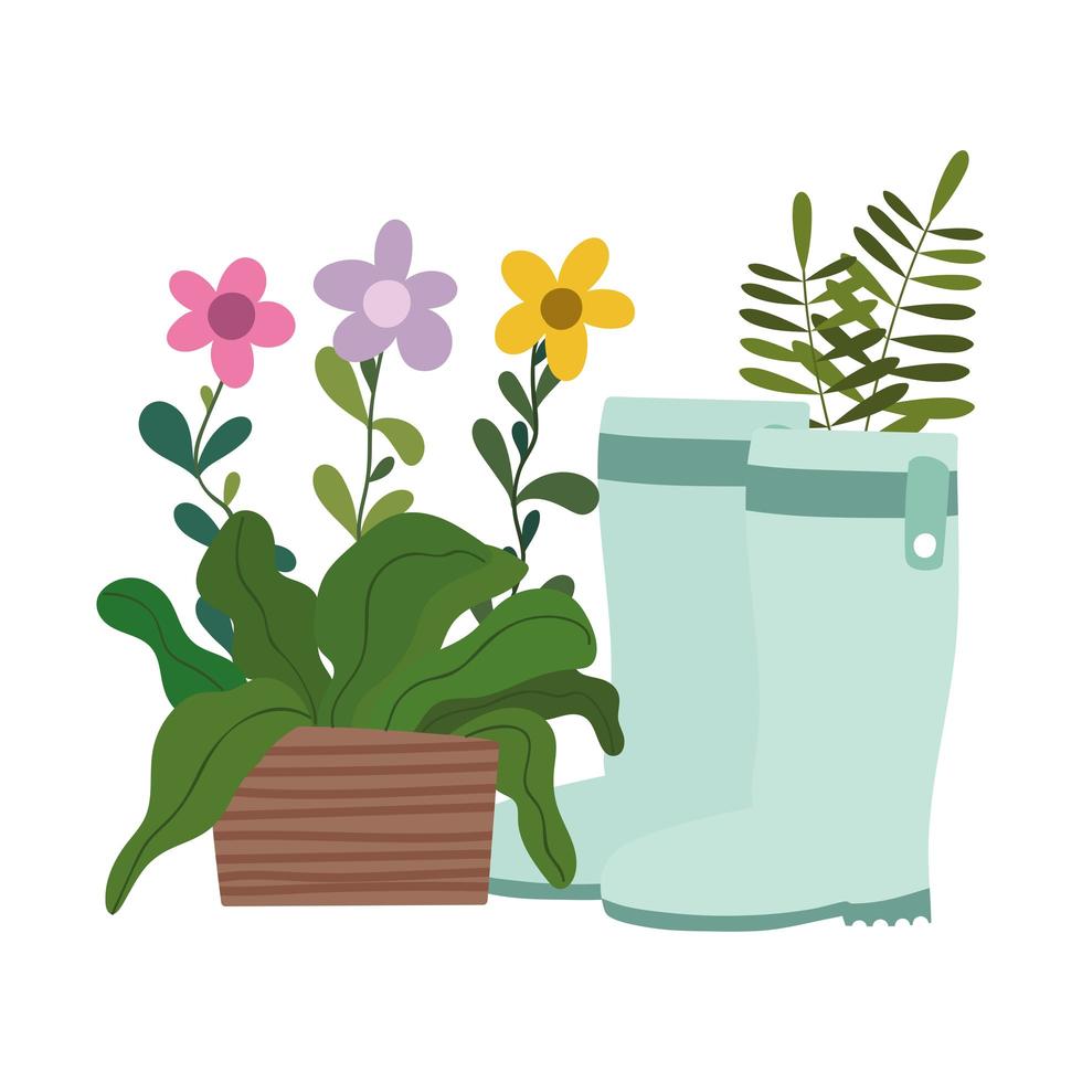 happy garden, flowers in pot and rubber boots with leaves foliage vector