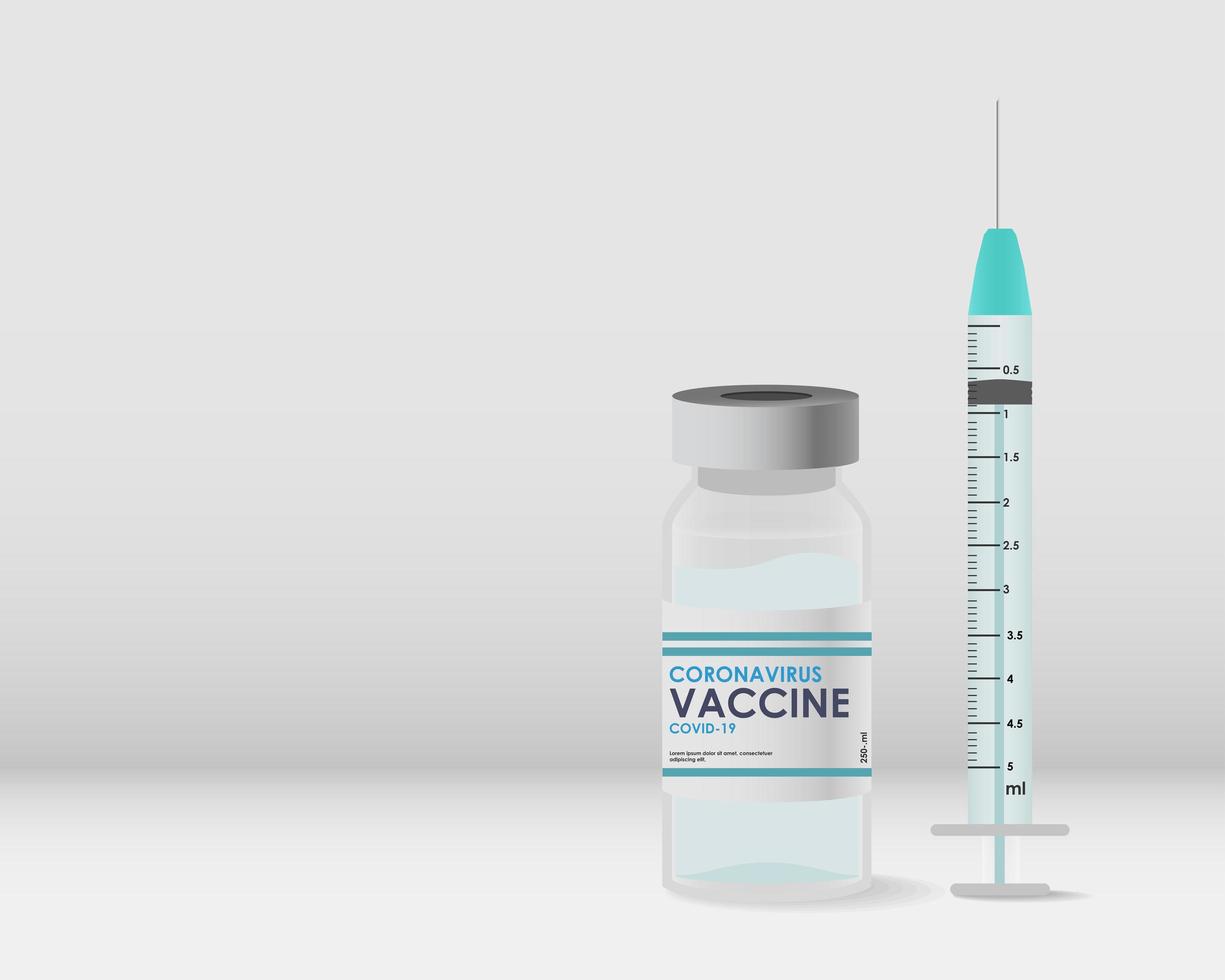 banner realista de botella y jeringa de vacuna covid-19 vector