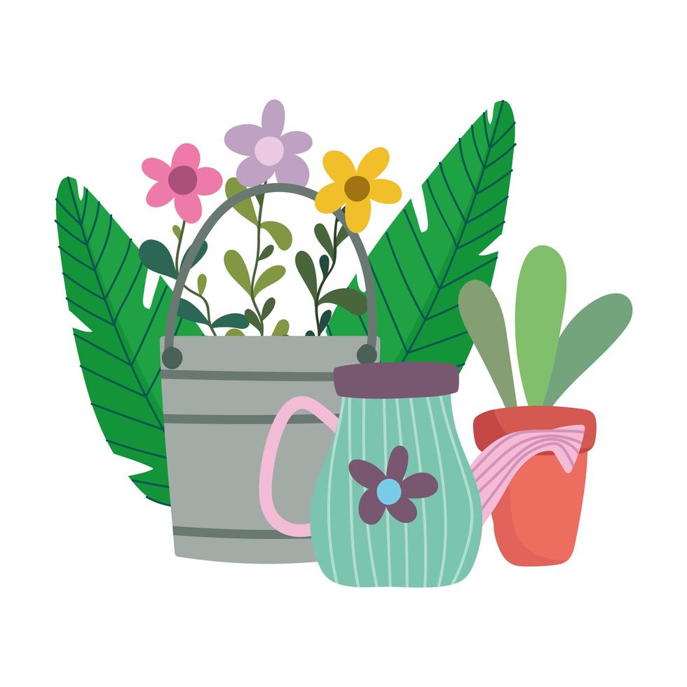 happy garden, bucket watering can boot flowers and potted plant vector