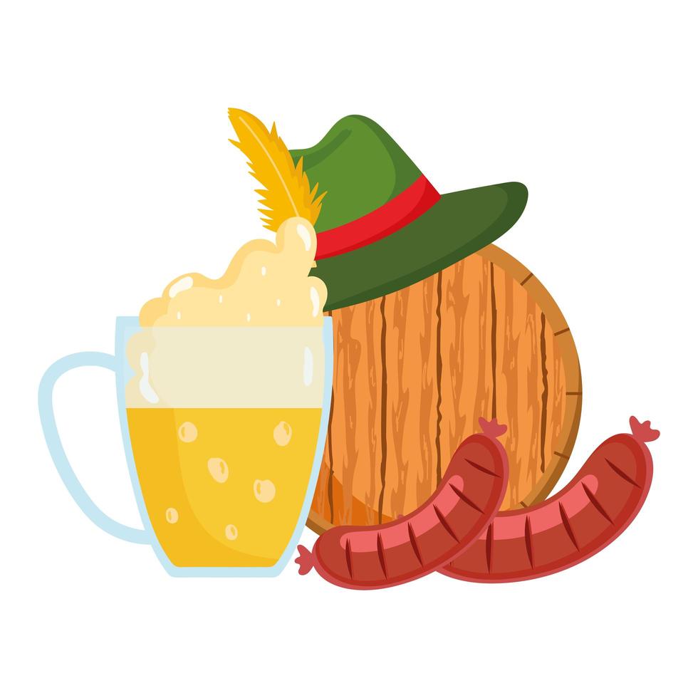 oktoberfest festival, sausages beer hat and barrel, traditional german celebration vector