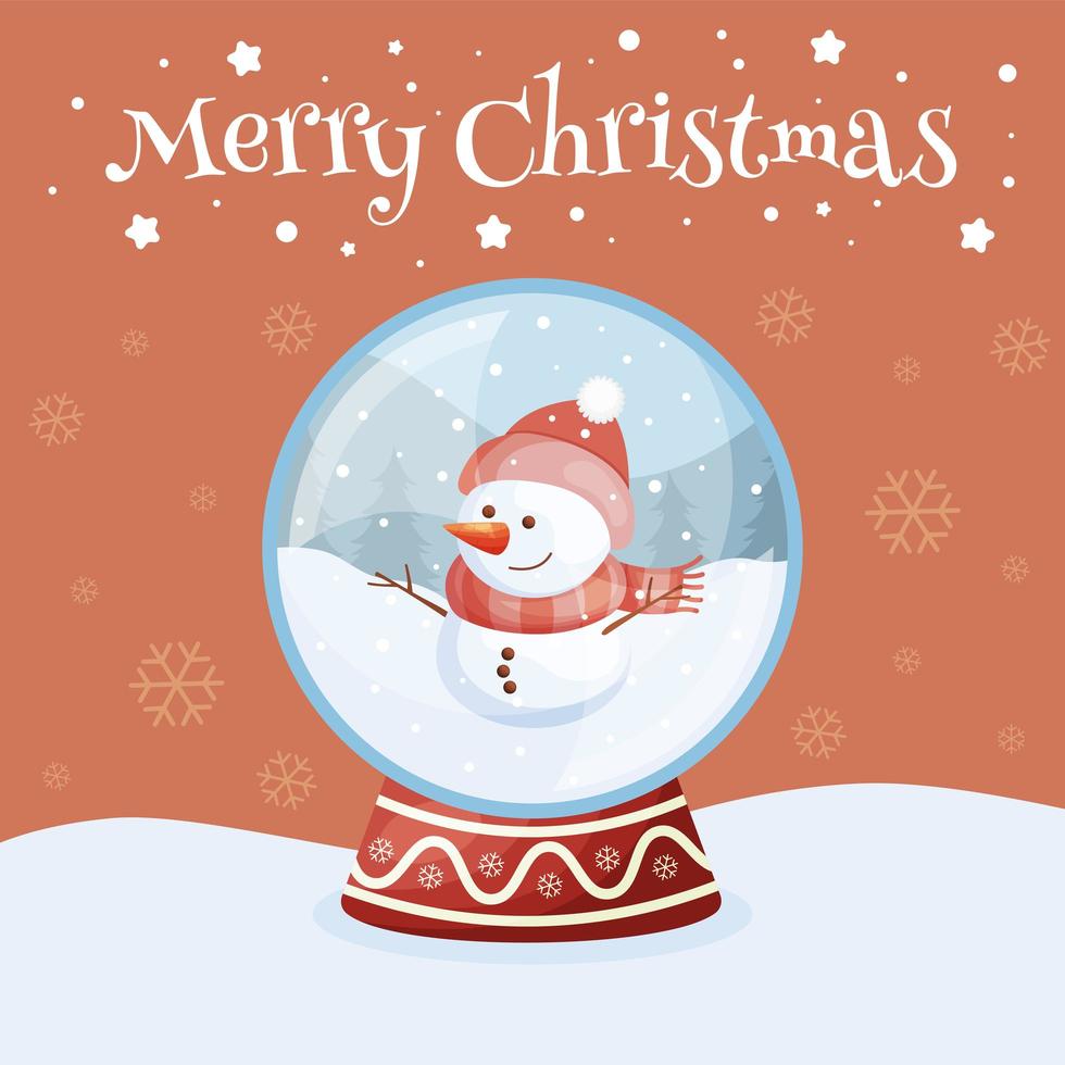 Merry Christmas greeting card with snow globe. vector illustration