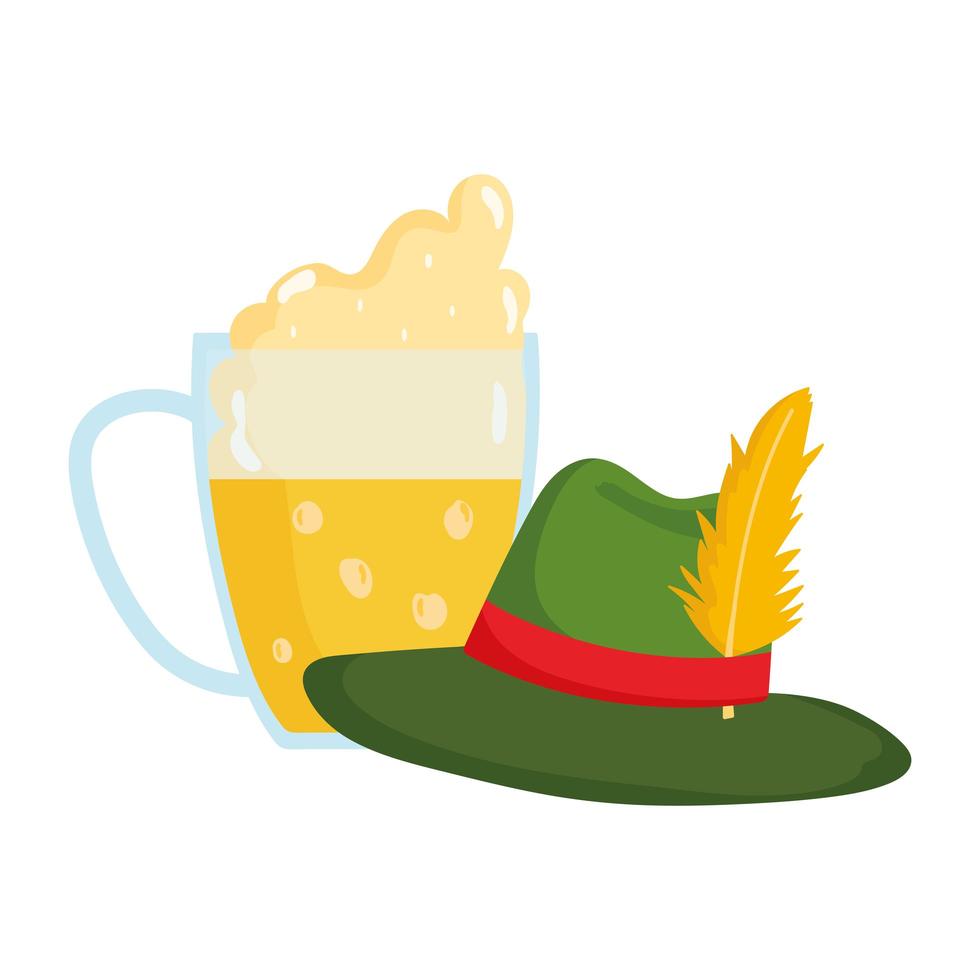 Oktoberfest festival, cerveza y sombrero con pluma, celebración tradicional alemana vector