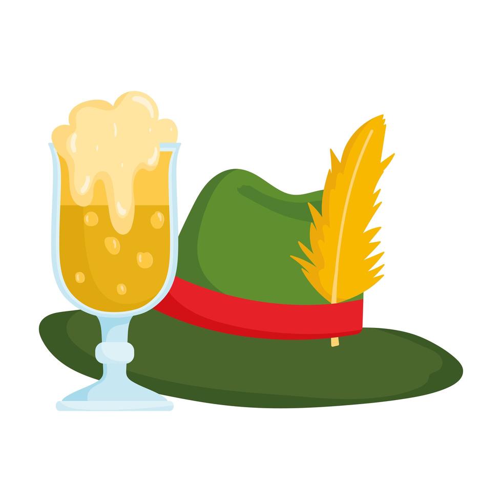 Oktoberfest festival, cerveza y sombrero verde, celebración tradicional alemana. vector