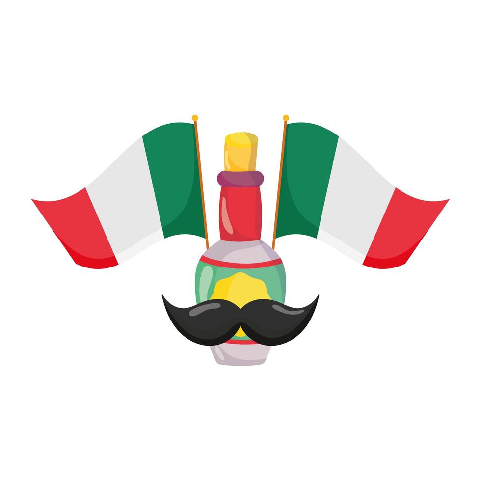 mexican independence day, tequila bottle with moustache and flag, celebrated in september vector