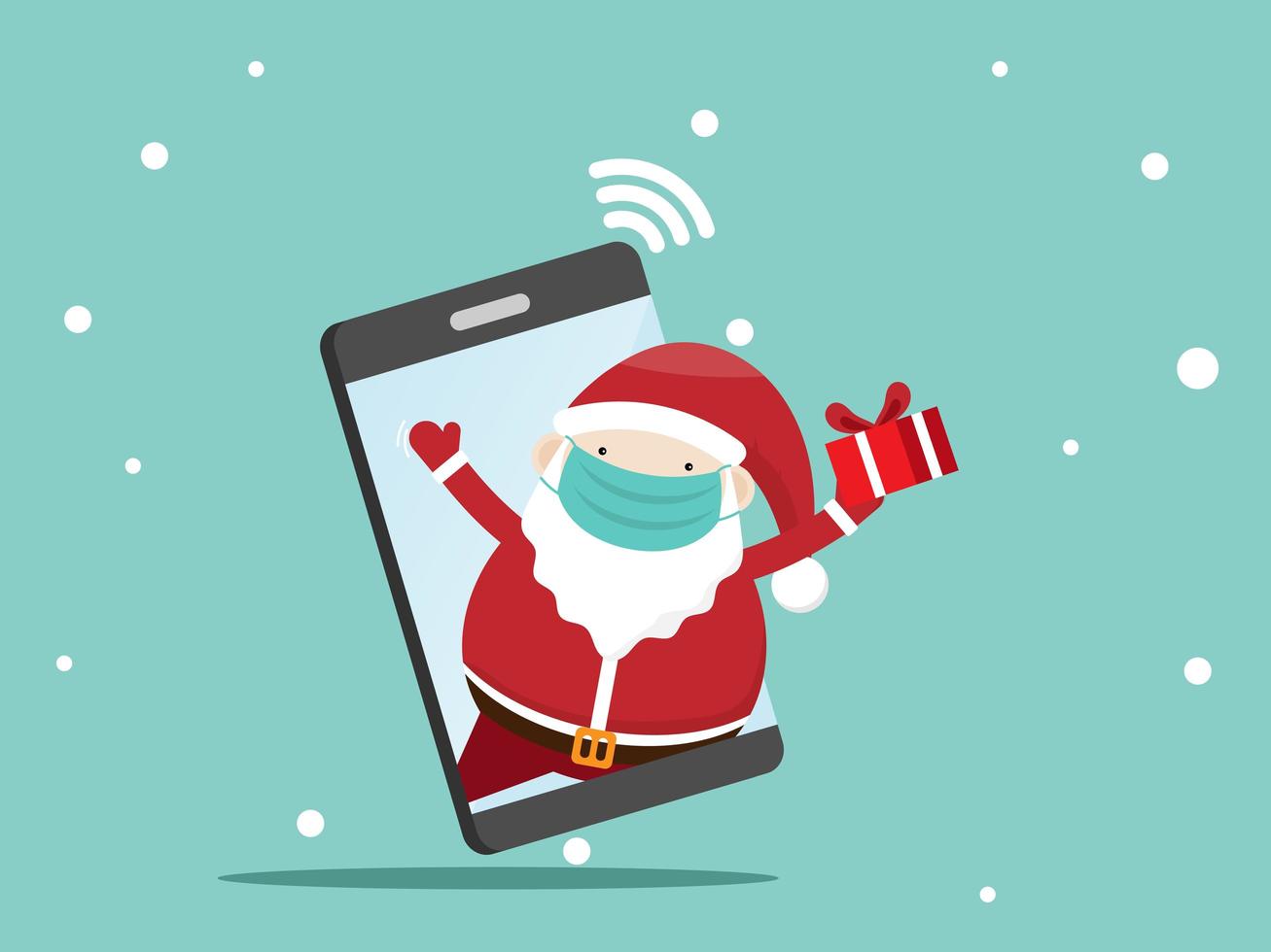 santa claus with gift box on mobile vector