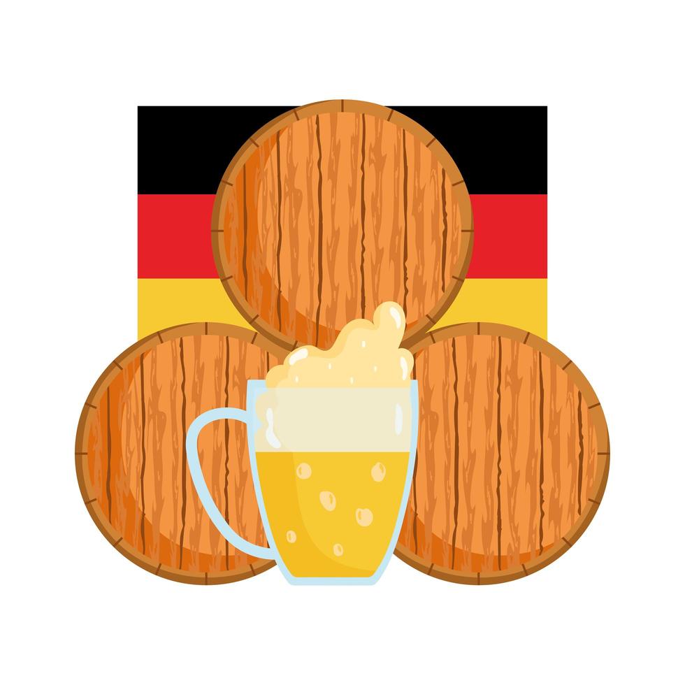 festival oktoberfest, pila de barriles de cerveza y bandera, celebración tradicional alemana vector
