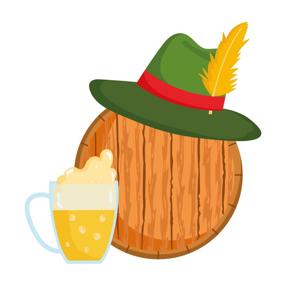 Oktoberfest festival, sombrero verde con plumas en barril de madera, celebración tradicional alemana vector