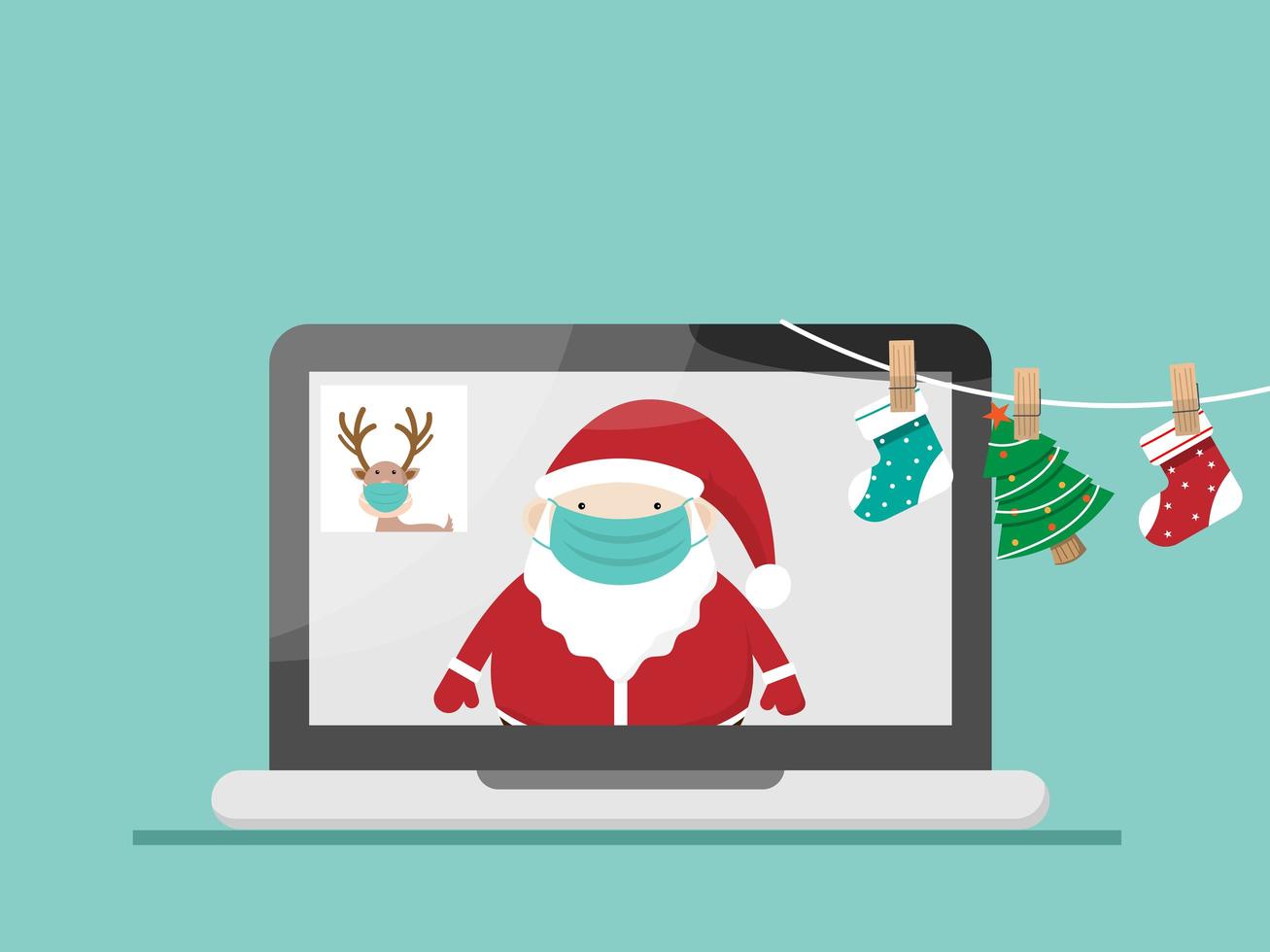 santa claus and reindeer wearing surgical mask and on video conference vector