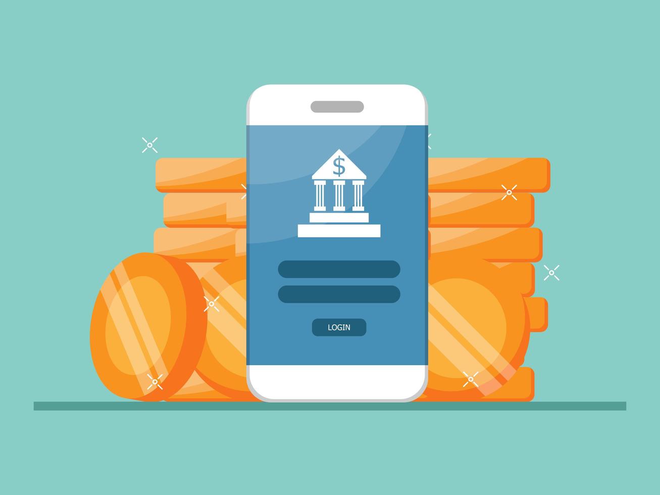 mobile banking, mobile with stack of coins vector