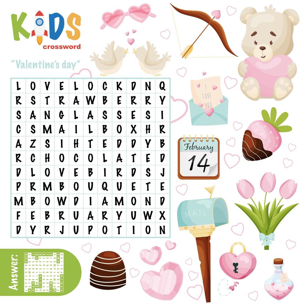 Easy word search crossword puzzle Valentines day vector