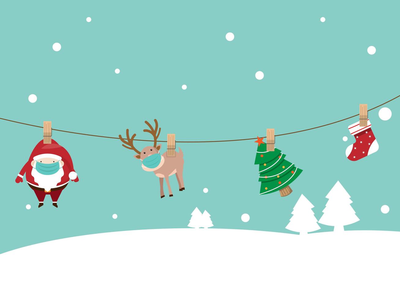 santa claus and reindeer wearing surgical mask hanging on robe vector