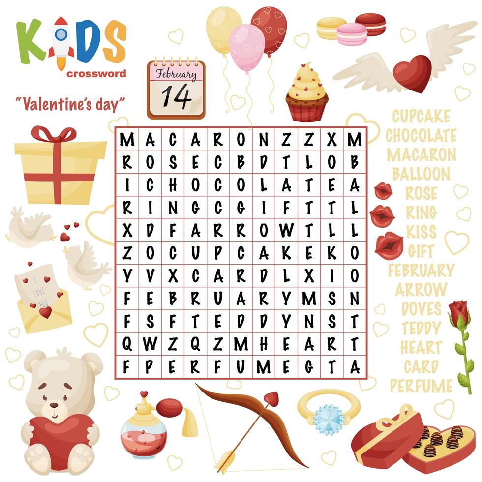 Easy word search crossword puzzle Valentines day vector