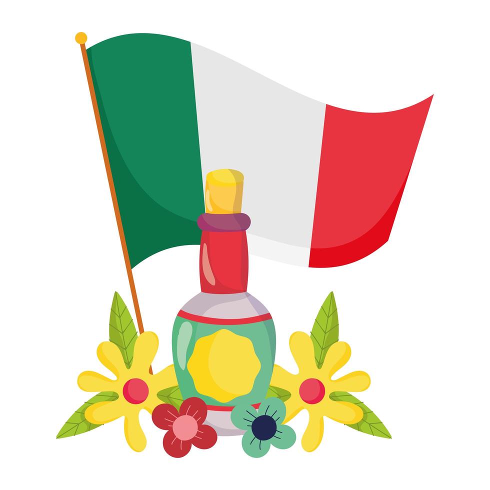 mexican independence day, flag tequila bottle and flowers, celebrated in september vector