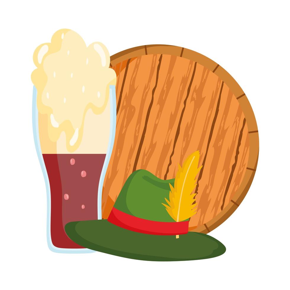 oktoberfest festival, hat and cold beer in wooden barrel, traditional german celebration vector