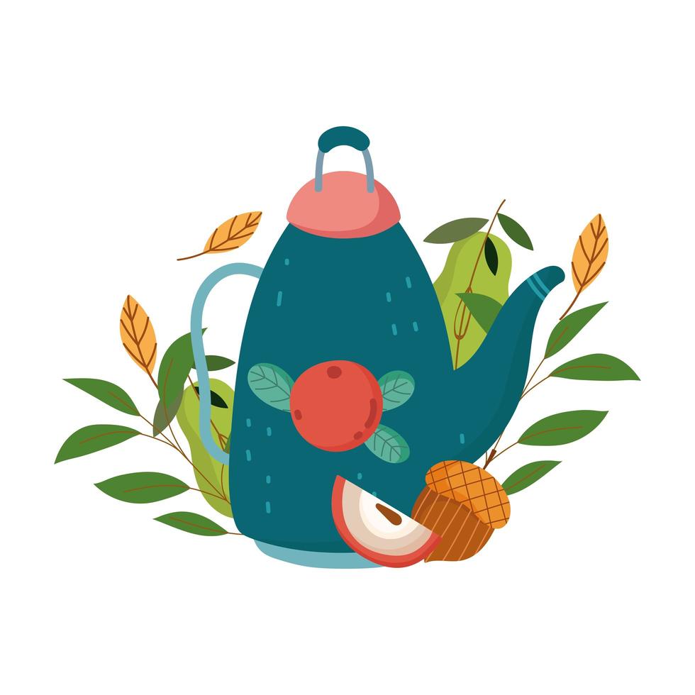 autumn teapot apple acorn leaves isolated design white background vector