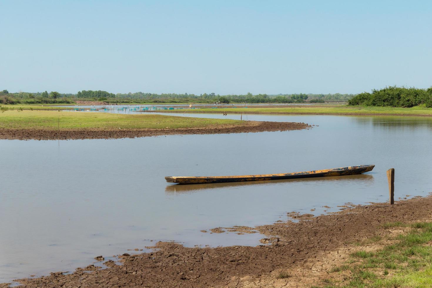 Wood boat moored on the river. Water in the drought. photo