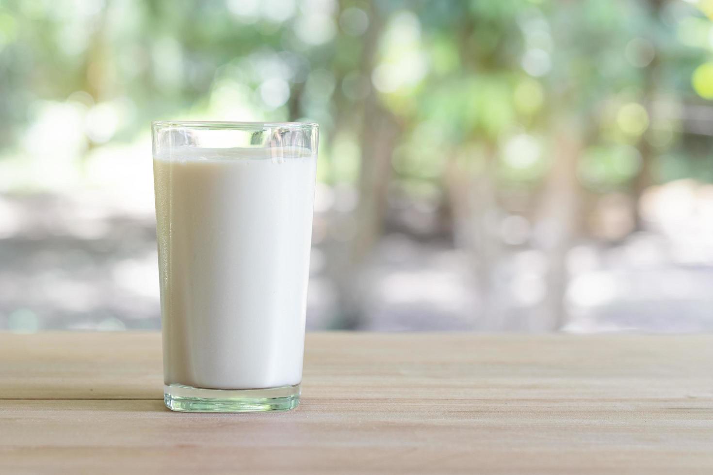 Glass of milk on desk with nature background. photo