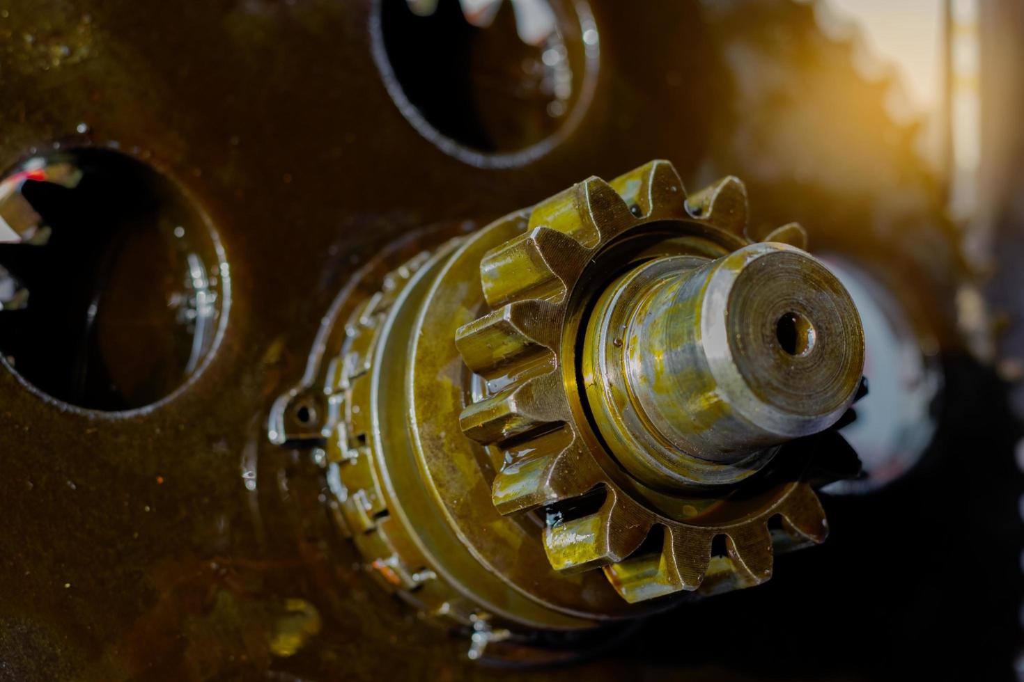 Close up internal engine gear tractor. Engine walking tractor. photo