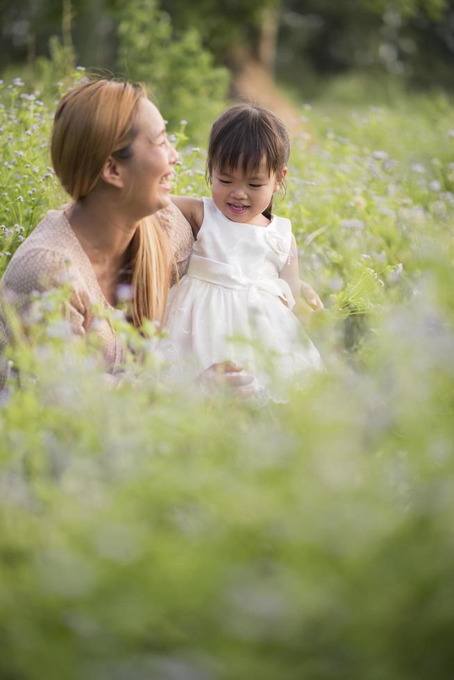 Mother and little daughter playing together in a meadow photo