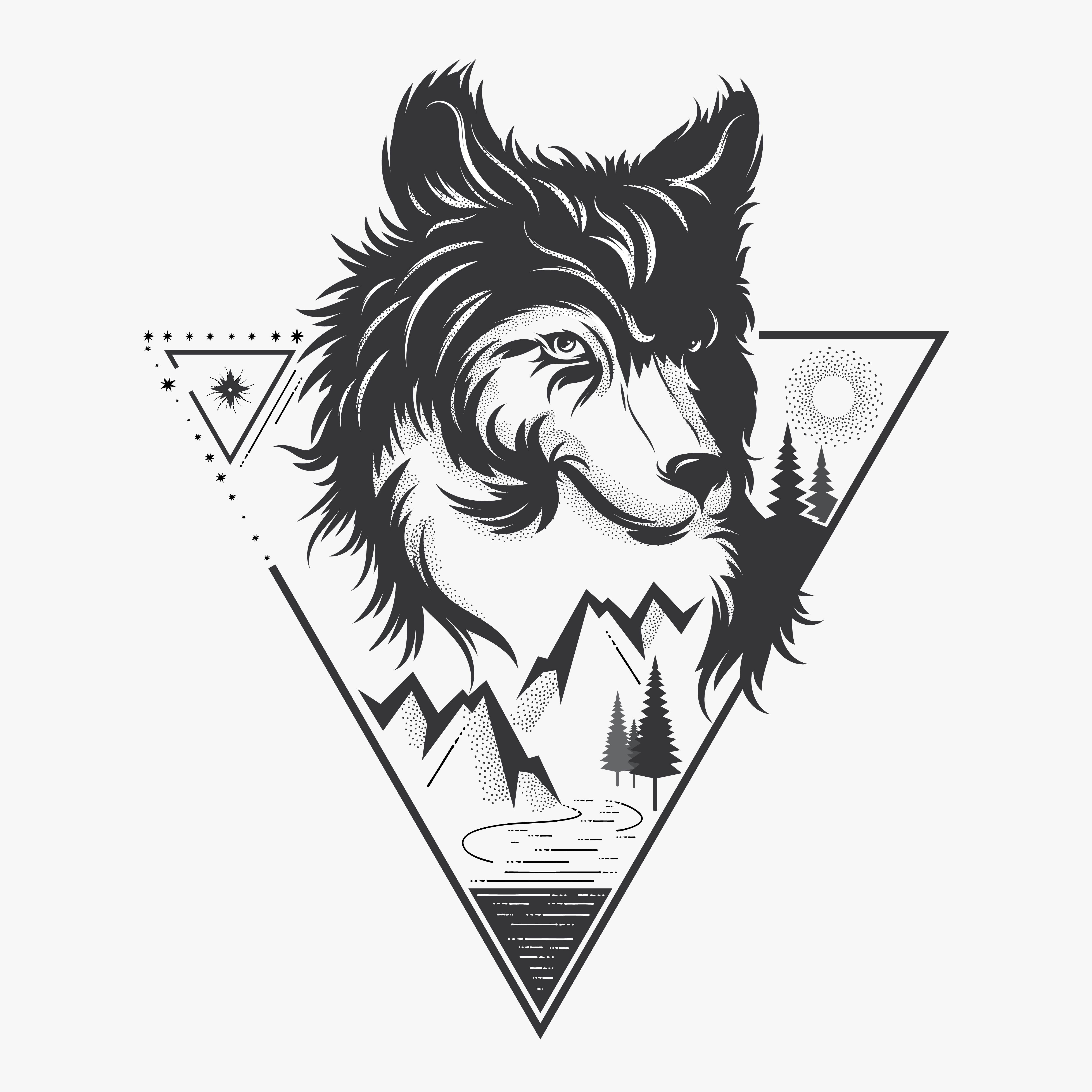 wolf head with nature Vector Art at Vecteezy