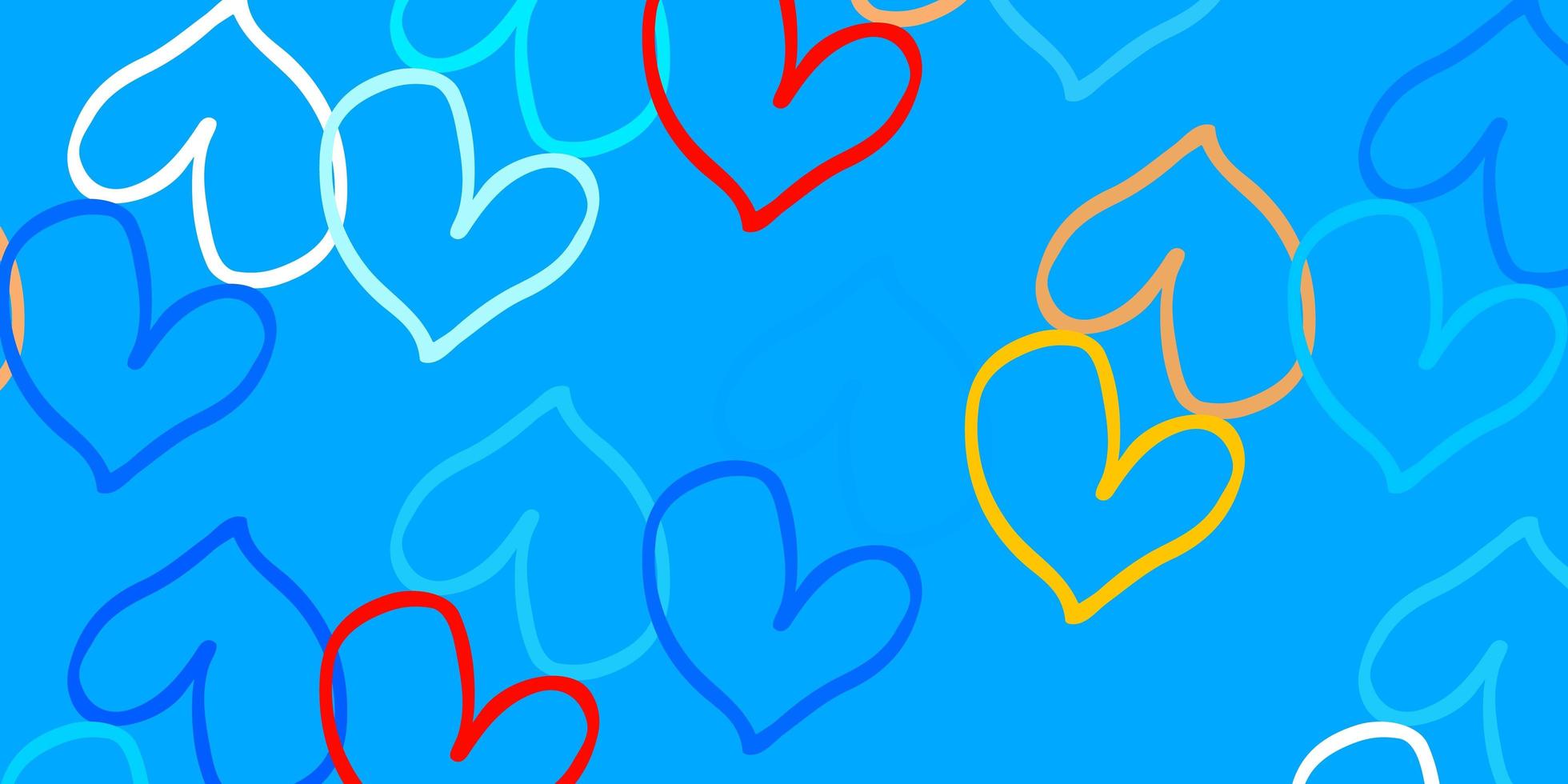 Fondo de vector azul claro, amarillo con corazones brillantes.