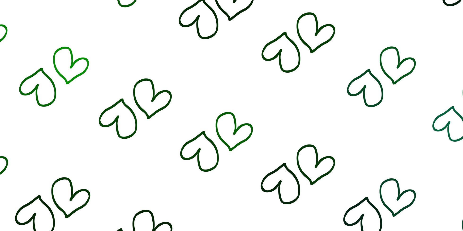 plantilla de vector verde claro con corazones de doodle.