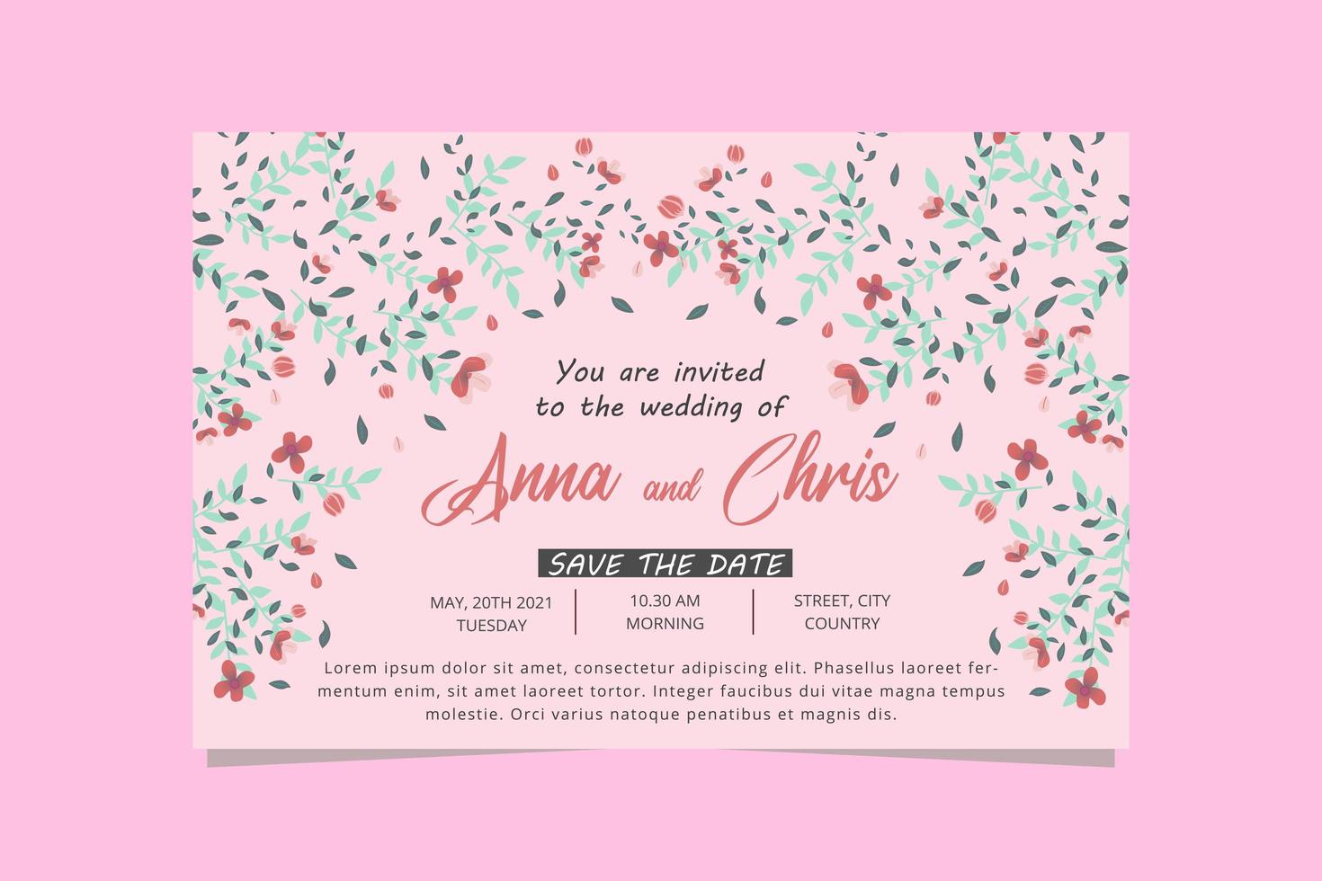 tarjeta de invitación de boda floral. tarjeta de invitación de boda con flores. vector