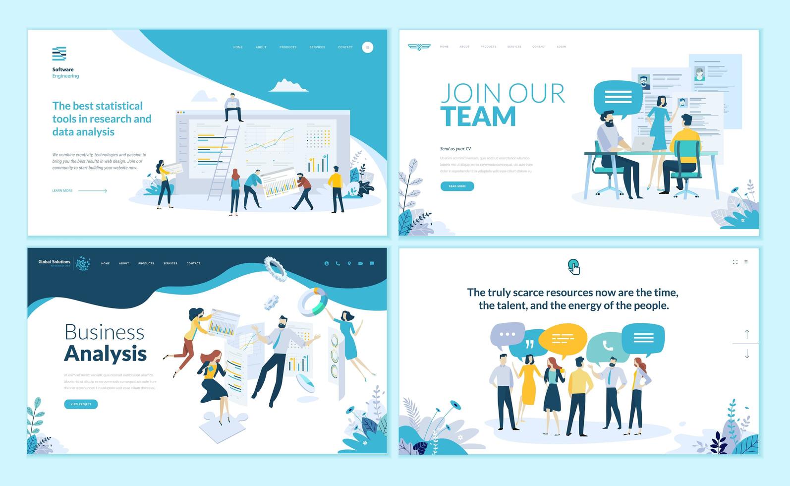 Set of web page design templates for business app, data analysis, career, communication, teamwork vector