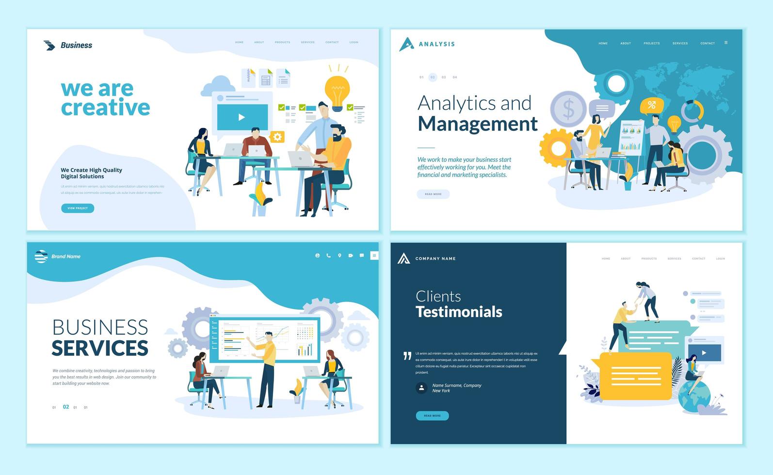 conjunto de plantillas de diseño de páginas web para soluciones creativas e innovadoras, servicios comerciales, gestión y análisis, testimonios vector